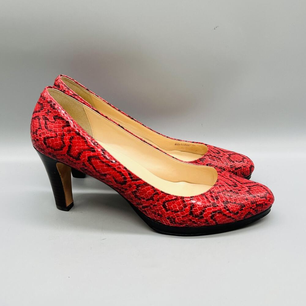 Cole Haan Shoes Women 9 Red Leather Snake Print Cone Heel Pump Round Toe Slip On